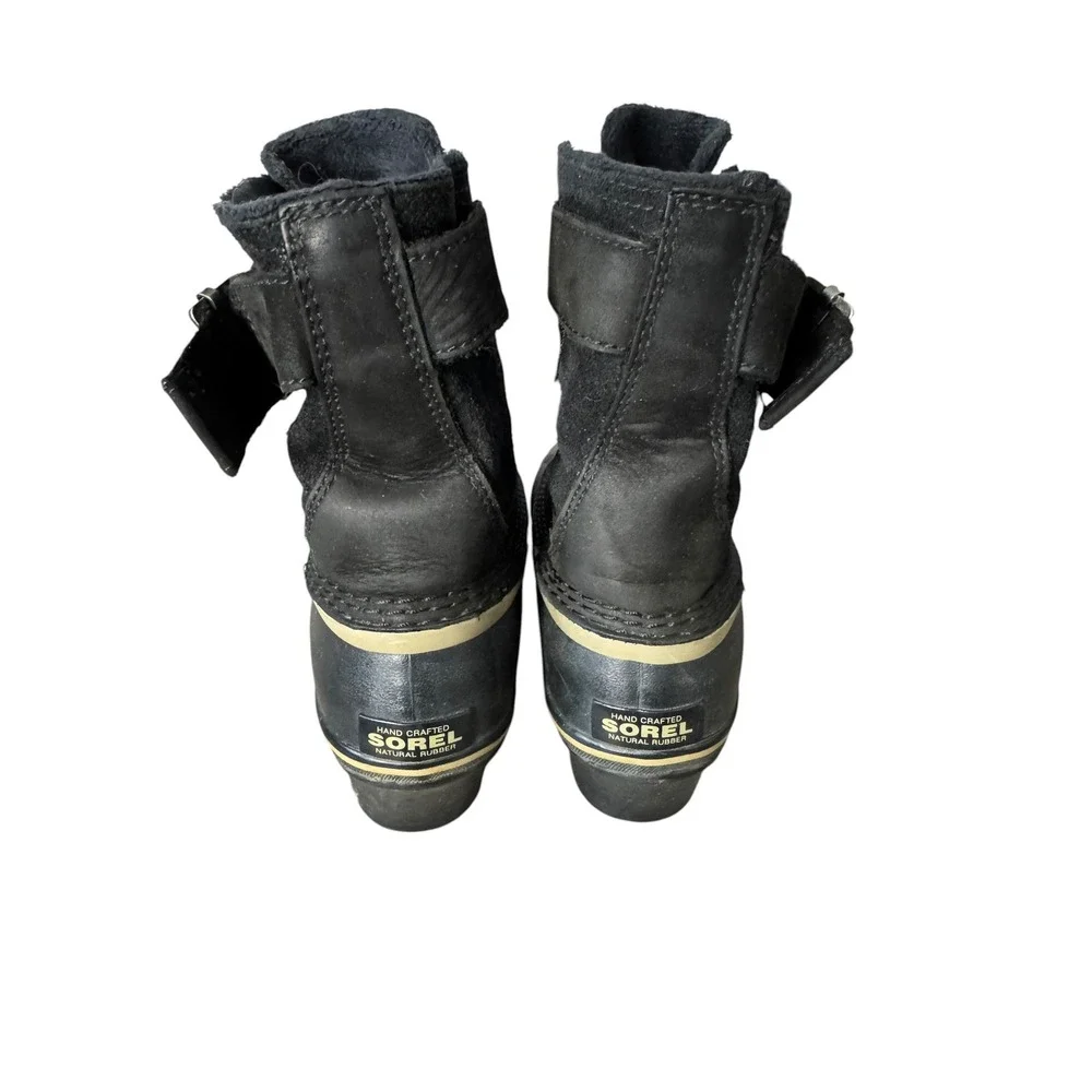 Sorel Slimpack Riding Black Suede Waterproof Duck Boots Heel Buckle Strap 8